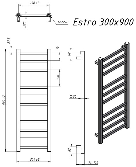 Grota Estro 300х900 (полир. под хром) водяной полотенцесушитель из нержавеющей стали* Grota Estro 300х900 (полир. под хром) водяной полотенцесушитель из нержавеющей стали*