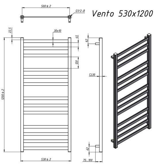 Grota Vento 530х1200 (черный матовый) водяной полотенцесушитель из нержавеющей стали