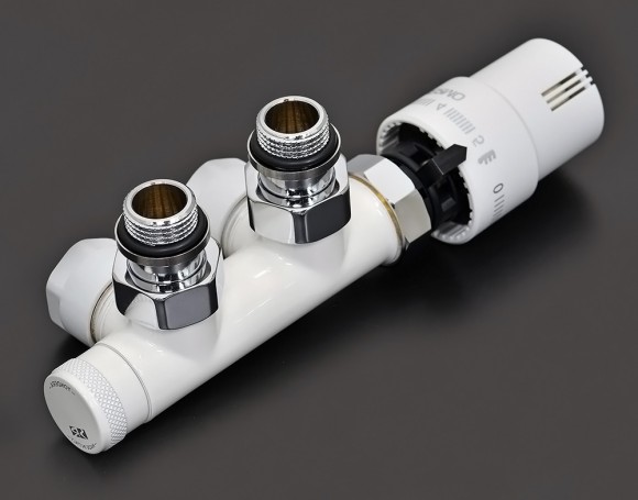 (0685/0684) Комплект нижнего подключения термостатический "All In One ECO" SR Rubinetterie Tondera 1/2"х3/4"Е Белый угловой (правый / левый) с термоголовкой Royal Thermo