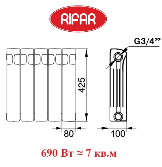 Биметаллический радиатор RIFAR MONOLIT 350 5 сек. боковое подключение (белый)
