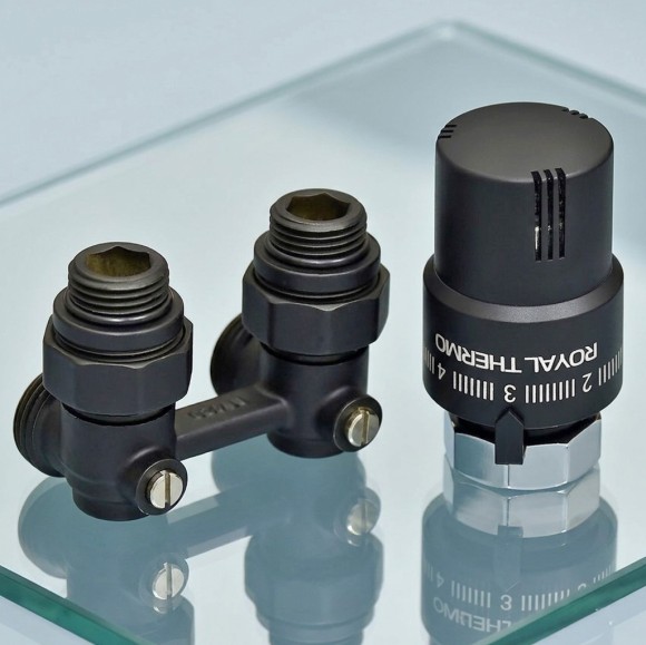 Комплект угловой ROYAL THERMO с термоголовкой жидкостной М30х1,5 (Черный) Комплект угловой ROYAL THERMO с термоголовкой жидкостной М30х1,5 (Черный)