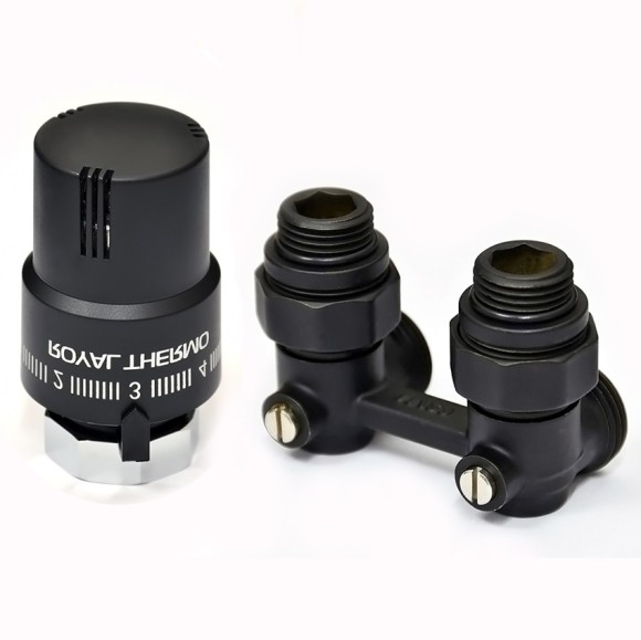 Комплект угловой ROYAL THERMO с термоголовкой жидкостной М30х1,5 (Черный) Комплект угловой ROYAL THERMO с термоголовкой жидкостной М30х1,5 (Черный)