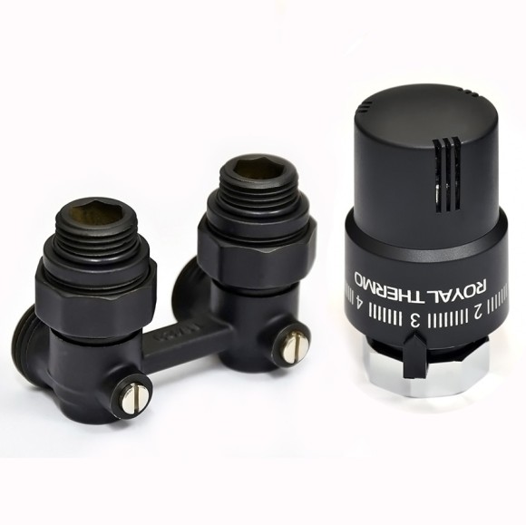 Комплект угловой ROYAL THERMO с термоголовкой жидкостной М30х1,5 (Черный) Комплект угловой ROYAL THERMO с термоголовкой жидкостной М30х1,5 (Черный)