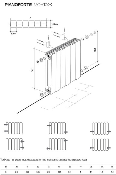 Биметаллический дизайн-радиатор, Royal Thermo PianoForte 500, Bianco Traffico, цвет белый, схема с размерами
