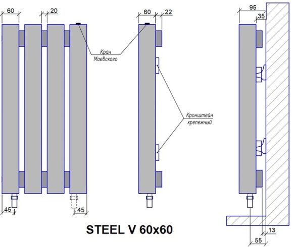 Steel Hot VE 1750 (60-60) электрический радиатор (выбор размера и цвета)