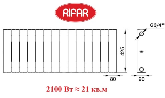 Биметаллический радиатор RIFAR SUPREMO VENTIL 350 14 сек. нижнее 50 мм подключение (белый)