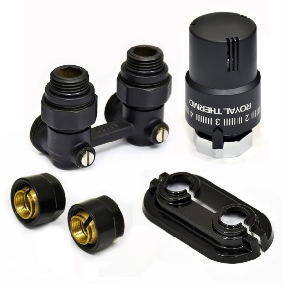 Комплект угловой ROYAL THERMO All in One с термоголовкой жидкостной М30х1,5 (Черный)