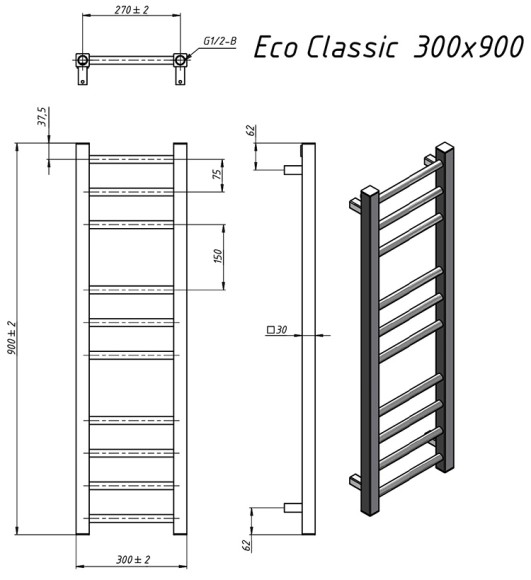 Grota EcoClassic 300х900 (полир. под хром) водяной полотенцесушитель из нержавеющей стали* Grota EcoClassic 300х900 (полир. под хром) водяной полотенцесушитель из нержавеющей стали*