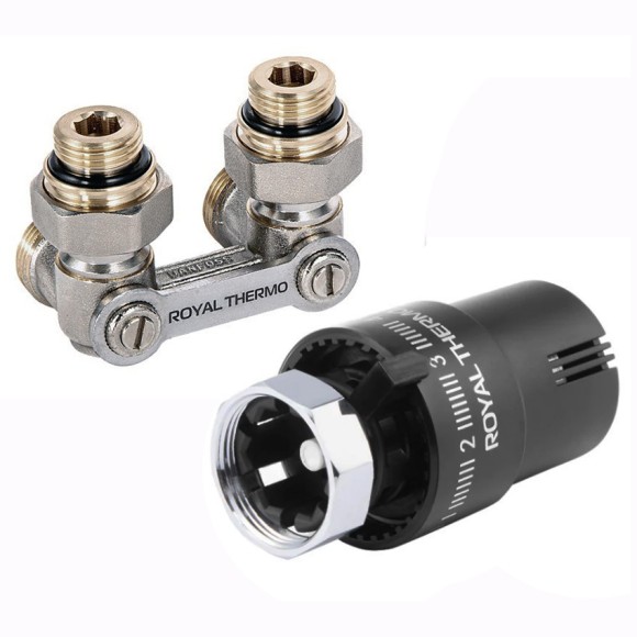 Комплект угловой ROYAL THERMO с термоголовкой жидкостной М30х1,5 (Никель / черный) Комплект угловой ROYAL THERMO с термоголовкой жидкостной М30х1,5 (Никель / черный)