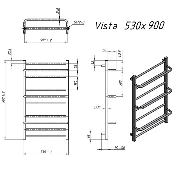Grota Vista 530x900 (полир.под хром) водяной полотенцесушитель из нержавеющей стали