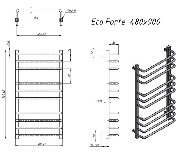 Grota EcoForte 480х900 (полир. под хром) водяной полотенцесушитель из нержавеющей стали*