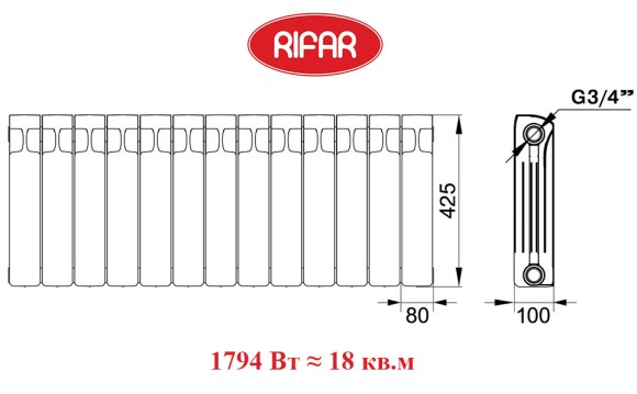 Биметаллический радиатор RIFAR MONOLIT 350 13 сек. боковое подключение (белый)