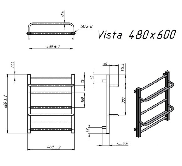 Grota Vista 480x600 (полир.под хром) водяной полотенцесушитель из нержавеющей стали* Grota Vista 480x600 (полир.под хром) водяной полотенцесушитель из нержавеющей стали*