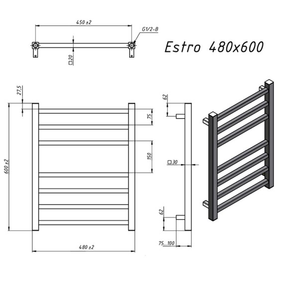 Grota Estro 480х600 (полир. под хром) водяной полотенцесушитель из нержавеющей стали