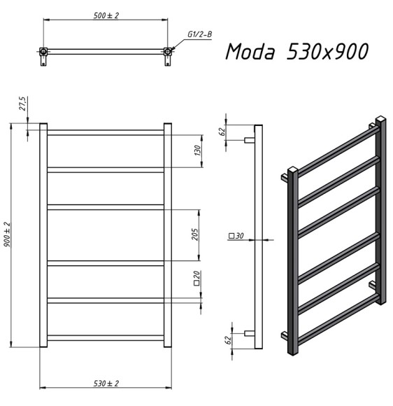 Grota Moda 530х900 (черный матовый RAL 9005) водяной полотенцесушитель из нержавеющей стали