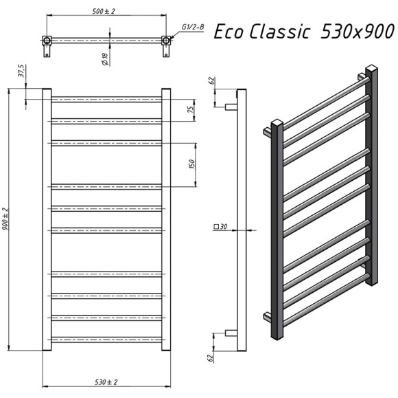 Grota EcoClassic 530х900 (черный матовый) водяной полотенцесушитель из нержавеющей стали* Grota EcoClassic 530х900 (черный матовый) водяной полотенцесушитель из нержавеющей стали*