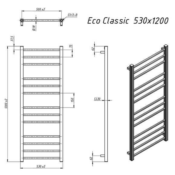 Grota EcoClassic 530х1200 (черный матовый) водяной полотенцесушитель из нержавеющей стали*