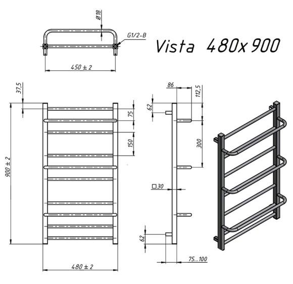Grota Vista 480x900 (белый матовый RAL 9016) электрический полотенцесушитель из нержавеющей стали