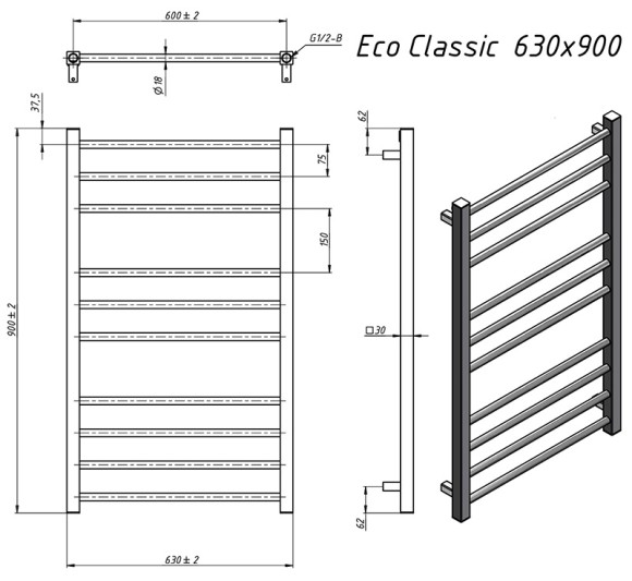 Grota EcoClassic 630х900 (черный матовый) водяной полотенцесушитель из нержавеющей стали* Grota EcoClassic 630х900 (черный матовый) водяной полотенцесушитель из нержавеющей стали*