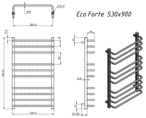Grota EcoForte 530x900 (черный матовый) водяной полотенцесушитель из нержавеющей стали