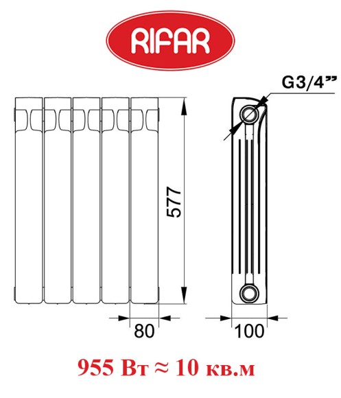 Биметаллический радиатор RIFAR MONOLIT 500 5 сек. боковое подключение (белый)