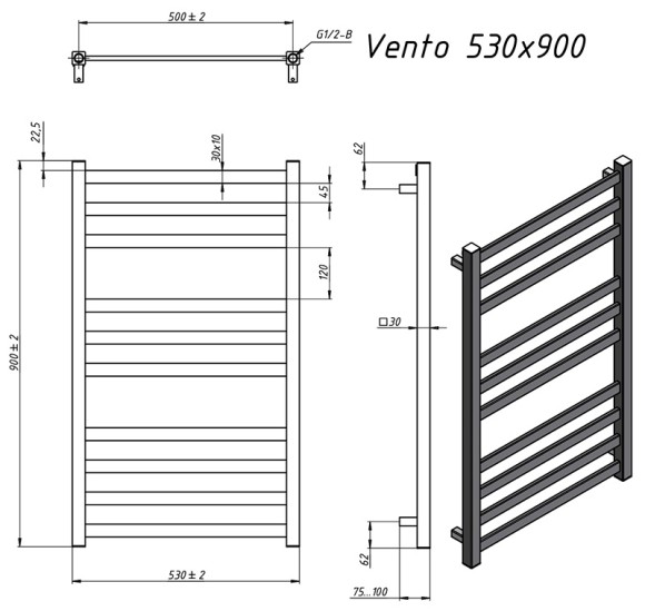 Grota Vento 530х900 (белый матовый Ral 9016) водяной полотенцесушитель из нержавеющей стали*