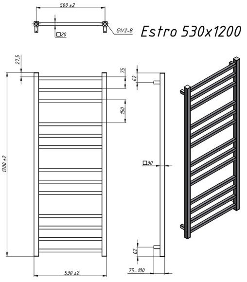 Grota Estro 530х1200 (черный матовый) водяной полотенцесушитель из нержавеющей стали* Grota Estro 530х1200 (черный матовый) водяной полотенцесушитель из нержавеющей стали*