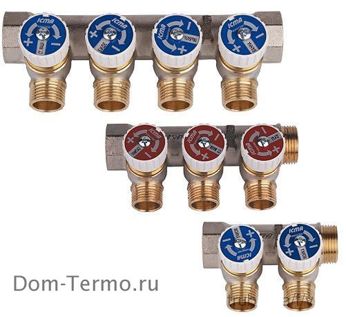 Dom-Terma.ru, 227 Коллекторы ICMA  2 выхода 1/2" (Италия) с отсекающими кранами, применение в системах отопления водоснабжения и системах теплого пола, на ручках можно установить название потребителя. 2 выхода, код 87.227.РА.06
3 выхода, код 87.227.PB.06
