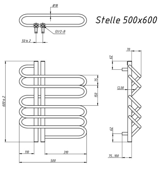 Grota Stelle 500х600 L (полир. под хром) водяной полотенцесушитель из нержавеющей стали