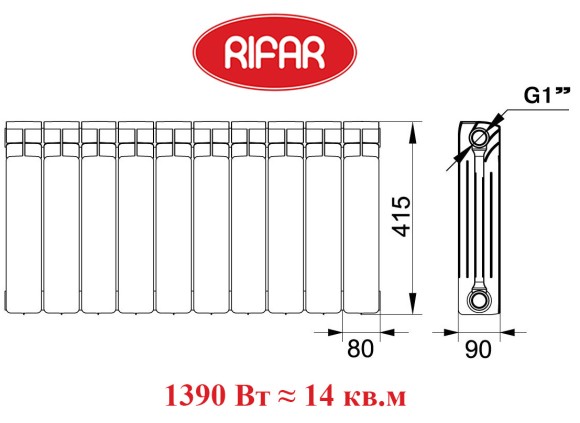 Биметаллический радиатор RIFAR BASE 350 10 сек. боковое подключение (белый)