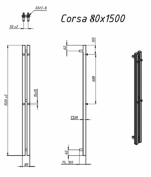 Grota Corsa 80х1500мм (2 сек) с крючками (черный 9005 мат.) водяной дизайн радиатор из нержавеющей стали Grota Corsa 80х1500мм (2 сек) с крючками (черный 9005 мат.) водяной дизайн радиатор из нержавеющей стали