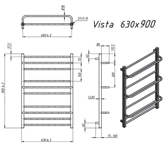 Grota Vista 630x900 (белый матовый RAL 9016) электрический полотенцесушитель из нержавеющей стали