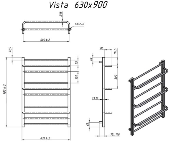 Grota Vista 630x900 (белый матовый RAL 9016) водяной полотенцесушитель из нержавеющей стали