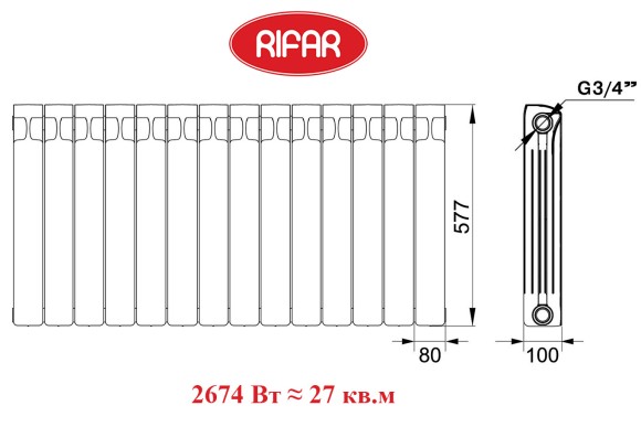 Биметаллический радиатор RIFAR MONOLIT 500 14 сек. боковое подключение (белый)