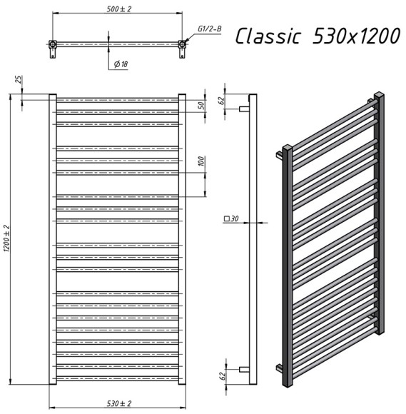 Grota Classic 530х1200 (полир. под хром) водяной полотенцесушитель из нержавеющей стали