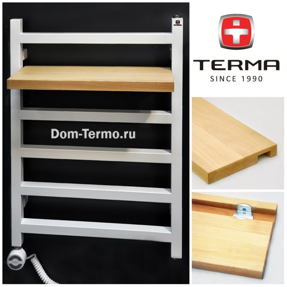 TERMA SIMPLE белый, Электрический полотенцесушитель с полкой, полотенцесушители для ванной, полотенцесушители из квадратного профиля, полка SIMPLE 500 мм бук, вешалка SIMPLE, фото