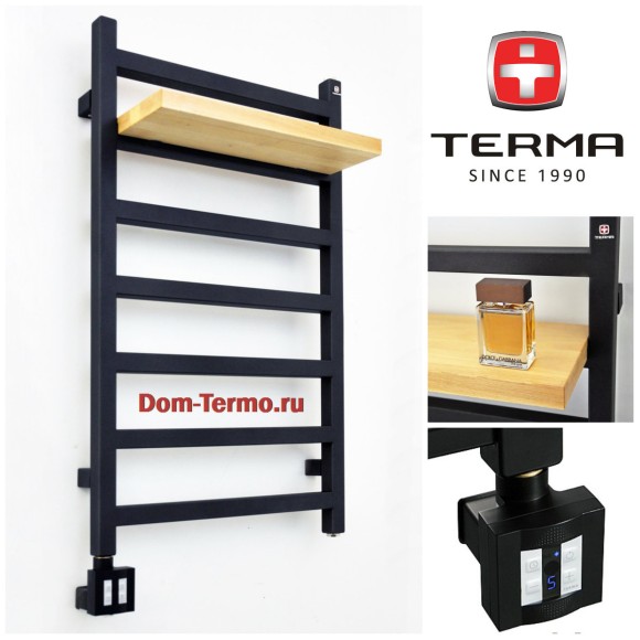 TERMA SIMPLE, metallic black, Электрический полотенцесушитель, блок управления Терма KTX 4 MS, черный RAL 9005, вешалки и полки TERMA SIMPLE 500, полка TERMA SIMPLE 500 мм, фото