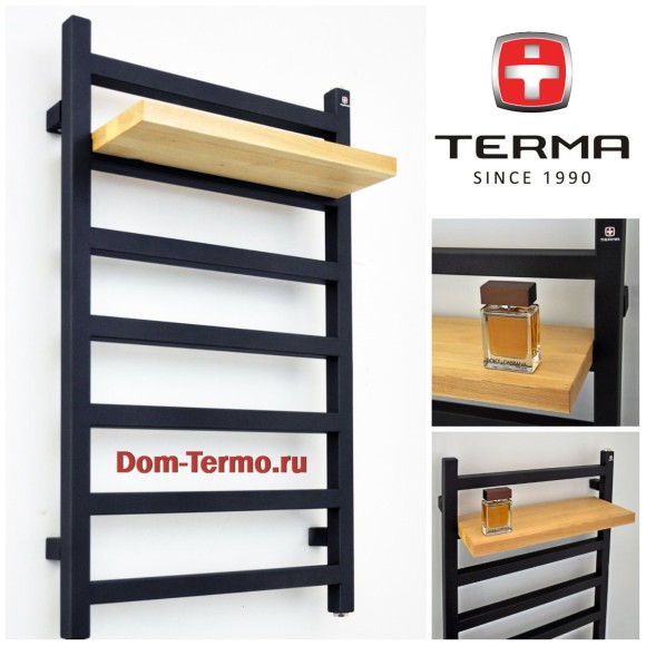 TERMA SIMPLE, metallic black, Электрический полотенцесушитель, черный RAL 9005, вешалки и полки TERMA SIMPLE 500, полка TERMA SIMPLE 500 мм, фото