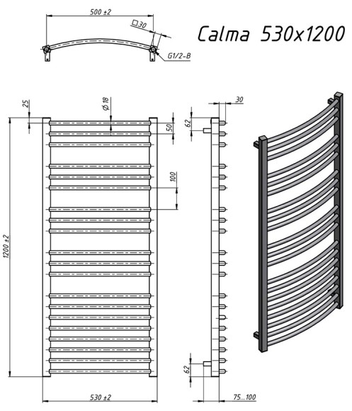 Grota Calma 530x1200 (полир. под хром) водяной полотенцесушитель из нержавеющей стали*